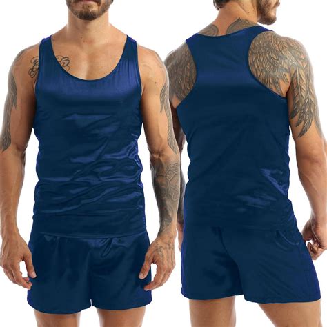 Buy Men Satin Pajamas Nightwear Sleeveless Tank Top Shorts Sleepwear ...