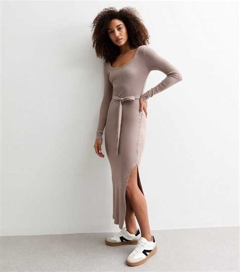 Camel Scoop Neck Ribbed Belted Midi Dress | New Look