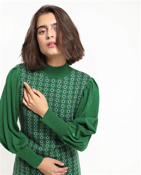 Rareism Women's Web 2 Green Acrylic Fabric Full Sleeves High Neck ...