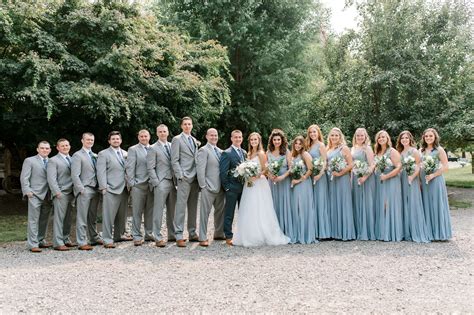 Dusty blue wedding bridesmaids dresses Grey suits groomsmen | Wedding bridesmaids dresses blue ...