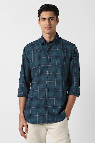 Peter England Casuals Casual Shirts, Men Navy Slim Fit Check Full ...
