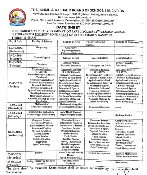 JKBOSE Class 12 Date Sheet 2024 Out, Check Exam Date Soft & Hard Zone