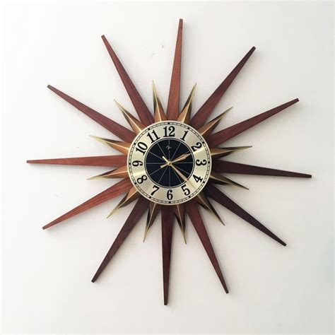Mid Century Modern Starburst Wall Clock, Walnut & Brass - EPOCH