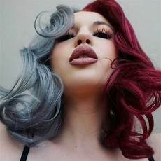 Half Hair Dye Ideas by Half Trendy Gray Half Burgundy Dyed Hair Color Hair Dye Half Hair Dye Ideas