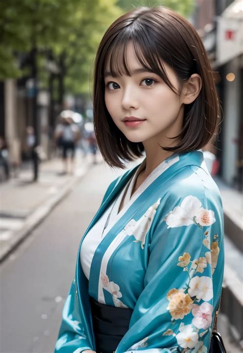 A woman in a kimono is standing on the street - SeaArt AI