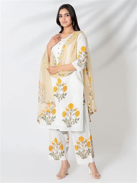 Buy White Hand Block Printed Cotton Suit - Set of 3 | SSP280/KAME13APR ...