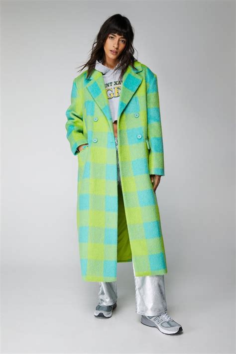 Premium Longline Green Plaid Coat | Green plaid coat, Plaid coat, Wool ...