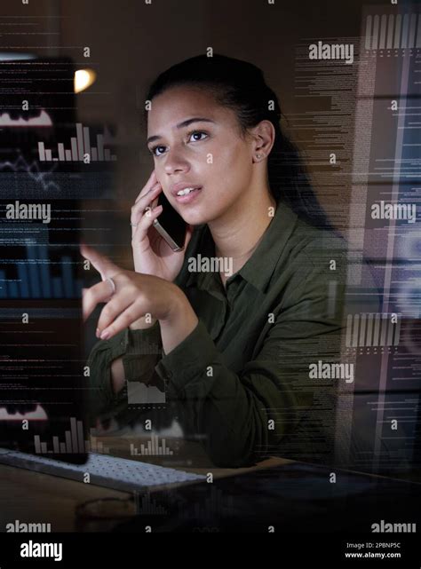 Phone call, overlay and finance with a business woman using an ai or 3d ...