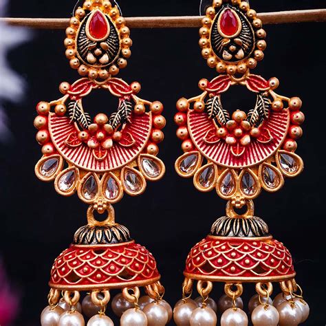 Buy Online Red Crystal Gold Ethnic Jhumkas – Ferosh