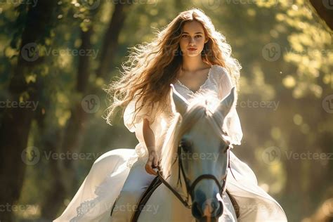Beautiful Girl with Long Hair Wearing Dress Riding White Horse in the Woods 26705277 Stock Photo ...
