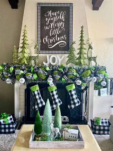 Green and Black Plaid Christmas Mantel Decor