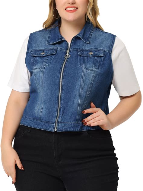 Agnes Orinda Plus Size Denim Vest for Women Sleeveless Zip Up Button ...