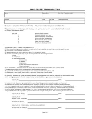Fillable Online dshs state tx SAMPLE CLIENT TANNING RECORD - dshs state ...