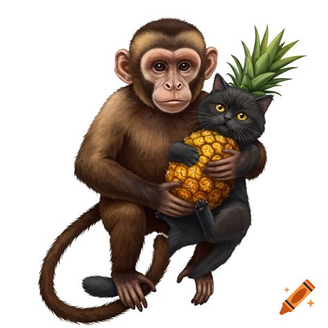 A monkey and a black cat holding a pineapple on Craiyon