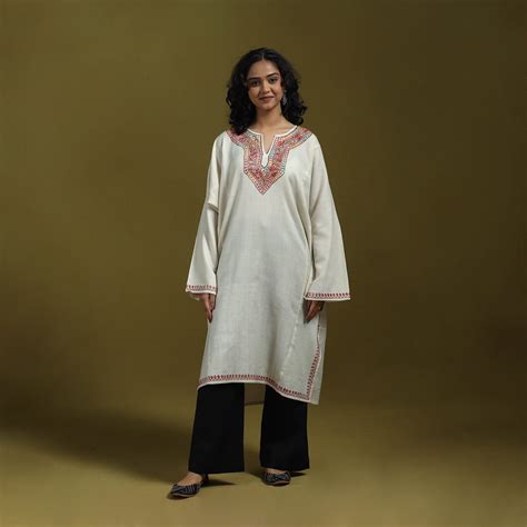 White Sozni Hand Embroidered Kashmiri Merino Wool Pheran