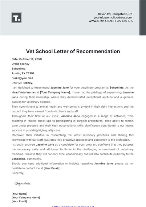 Free Vet School Letter of Recommendation Template to Edit Online