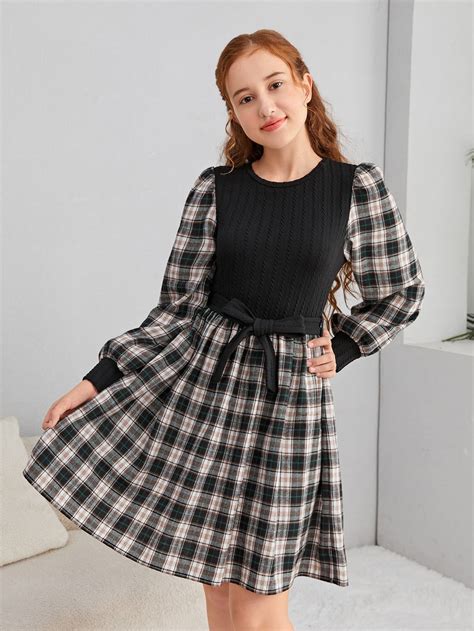 SHEIN Teen Girls Plaid Print Belted Dress | Casual formal dresses, Kids ...