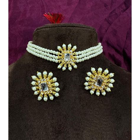 Akruti Collection Gold Plated Austrian Stone And Pearl Choker Necklace ...