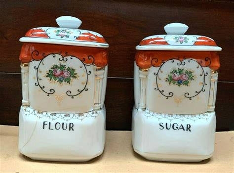 Vintage Set Of 2 Victorian style 1950's China Flour & Sugar Canisters ...