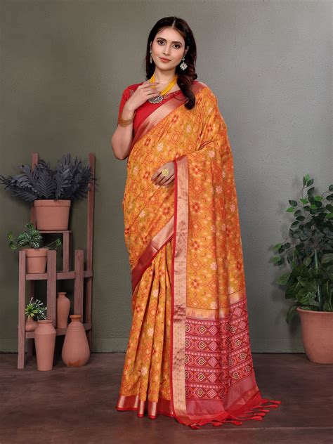 Elora Orange Soft Silk Patola Saree | Golden Zari Border Elegance ...