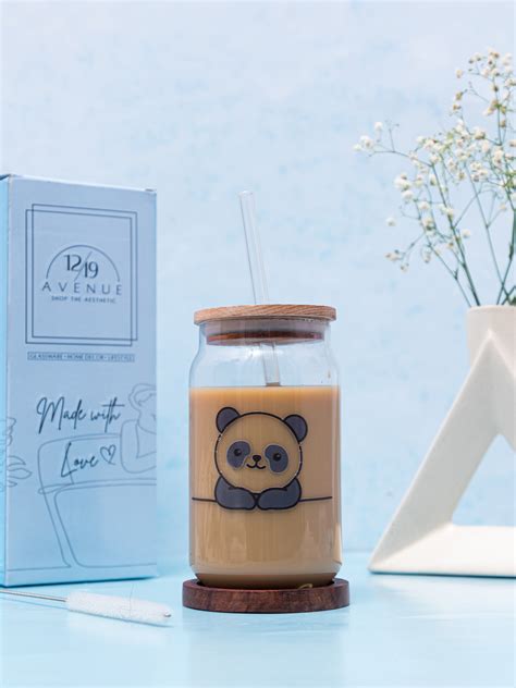 500ml Can Shaped Glass| Black Panda |18oz Can Glass with lid, straw ...