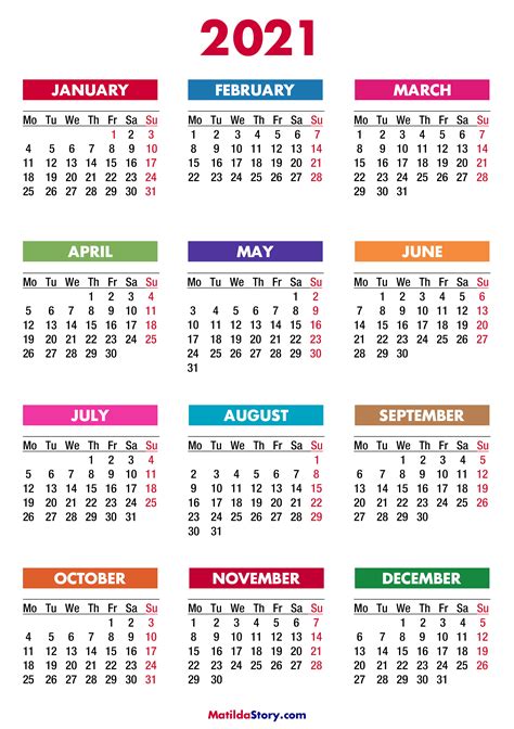 2021 Calendar Printable Free, Colorful – Monday Start – MatildaStory.com