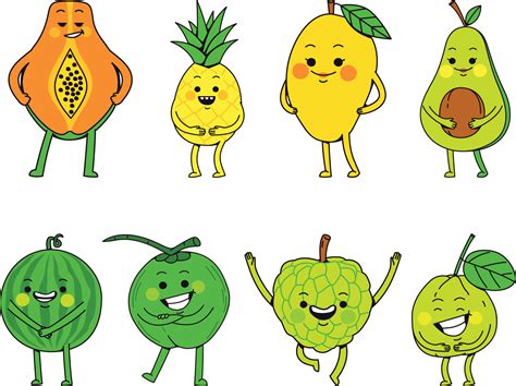 set of funny cartoon fruits. Set of cute fruit characters. Vector ...