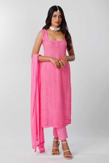 Buy Pink Georgette Chikankari Square Neck Sleeveless Kurta Set For ...