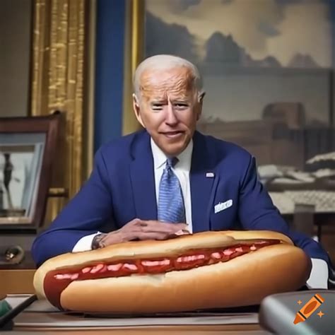 Satirical image of joe biden with a giant hot dog on Craiyon