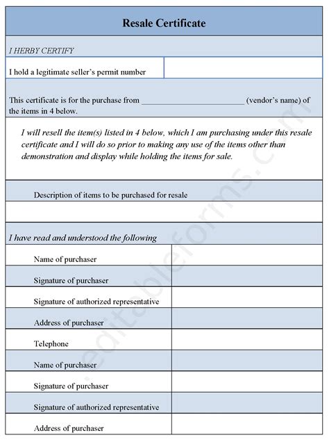 Resale Certificate Fillable PDF Form | Editable PDF Forms