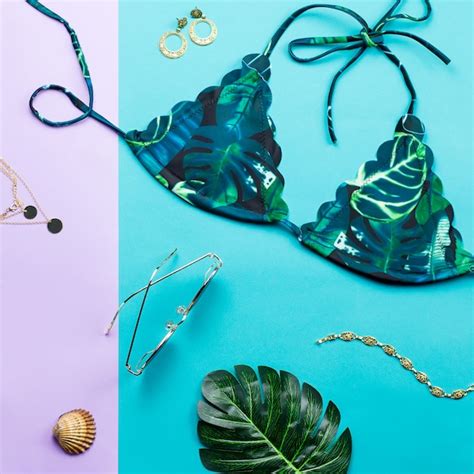 Tropical bikini swimsuit, beach fashion. traveler woman accessories ...