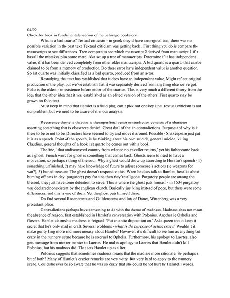 Hamlet Day 3, 04/09 - 04/ Check for book in fundamentals section of the uchicago bookstore. What ...