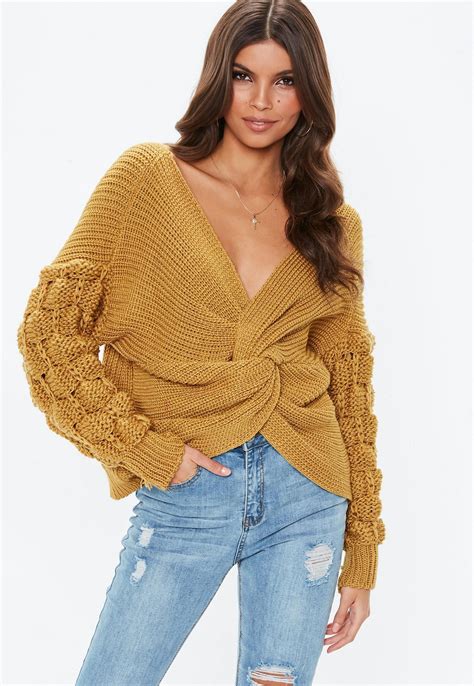 Mustard Yellow Bobble Sleeve Twist Front Sweater | Missguided | Yellow ...