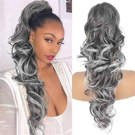 Amazon.com : LEOSA Long Body Wave Drawstring Ponytail 28 Inch Gray ...