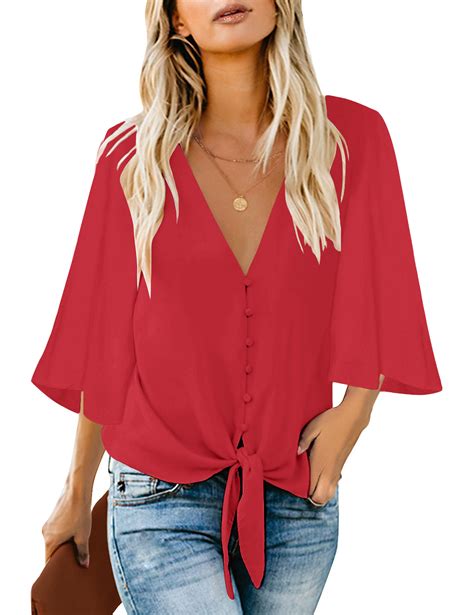 luvamia Ladies Tie Front Blouses V Neck 3/4 Sleeve Summer Tops Lychee ...