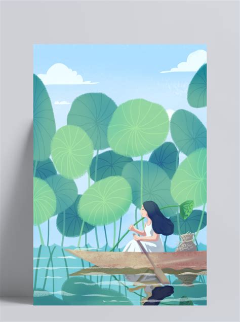 池塘划船的女孩插画PSD图片设计模板素材