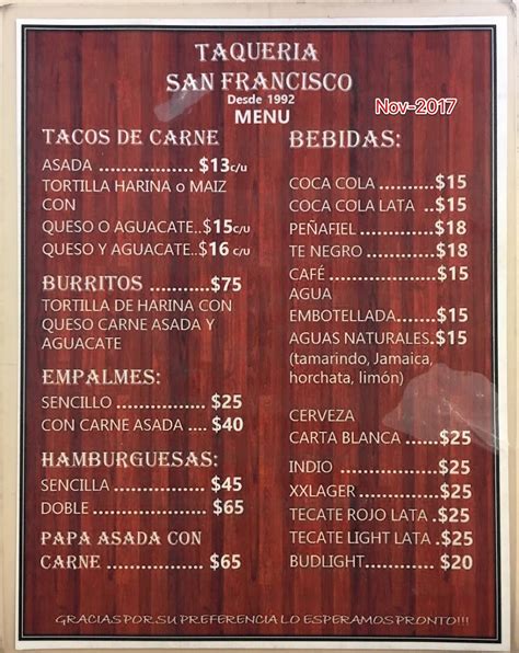 Carta del restaurante Taqueria San Francisco, Apodaca