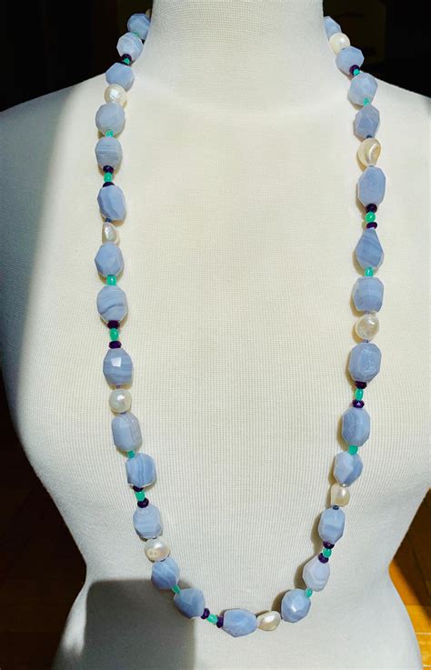 Blue Lace Agate Necklace with Chrysoprase and Amethyst For Sale at ...