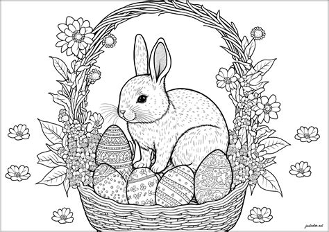 Rabbit in basket with easter eggs - Easter Coloring Pages for adults