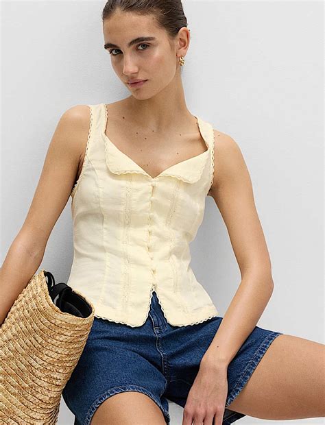 Buy Linen Rich Lace Insert Button Detail Blouse at Marks & Spencer
