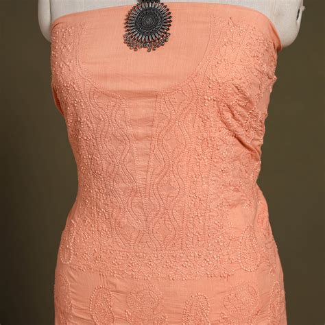 Peach Chikankari Hand Embroidery Mul Cotton Kurta Material
