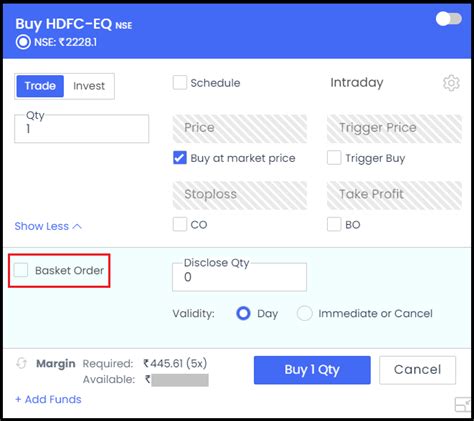 How does the basket order option work in the order panel?