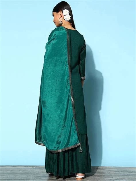 Buy Teal Yoke Design Silk Blend Straight Kurta With Sharara & Dupatta ...
