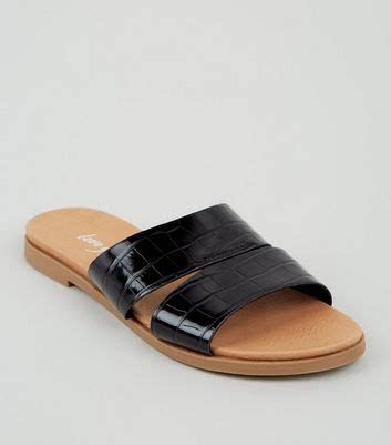 Black Patent Faux Croc Footbed Sliders | New Look