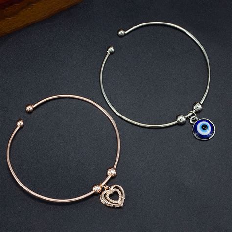 Pack of 2 Silver & Rose Gold Plated Heart & Evil Eye Bracelets Gift Fo ...