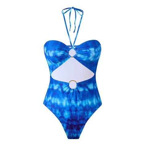 Random Print Halter Neck One Piece Swimsuit with Chiffon Skirt Blue ...