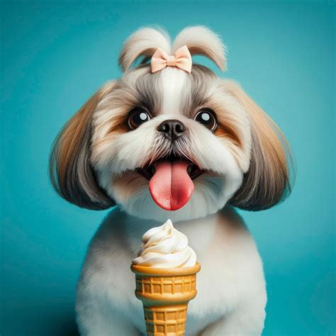 Shih tzu dog with tongue hanging out and big bulging eyes eat ice cream ...