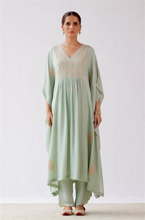 Devnaagri - Sage Green Embroidered Kaftan Set