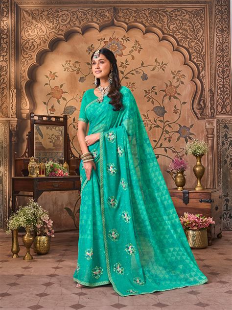 Laxmipati Monaco Embellished Floral Embroidered Chiffon Saree in Teal