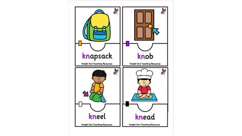 Words beginning with 'kn' Matching Cards